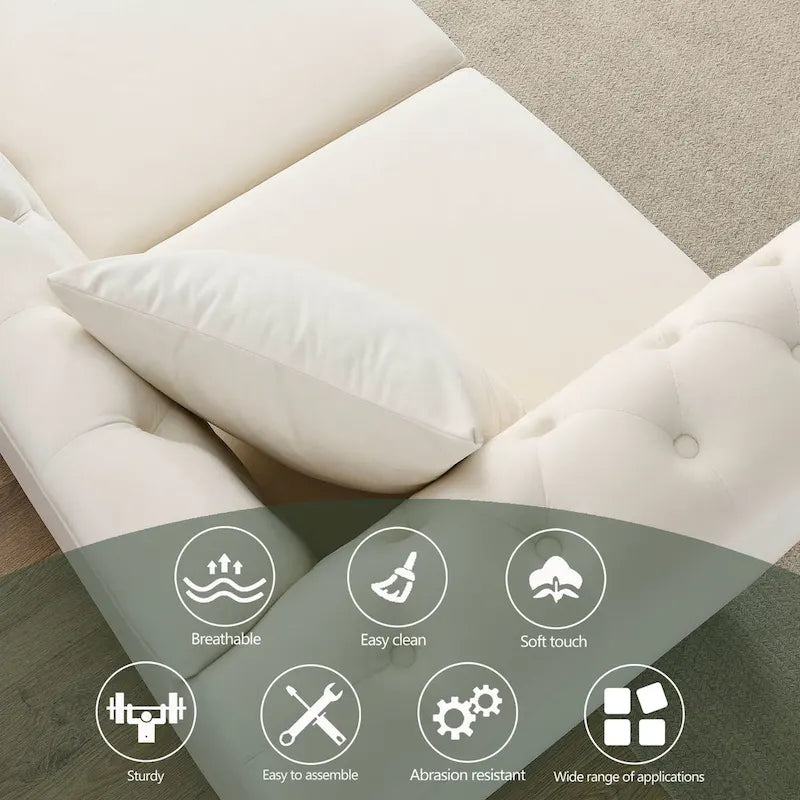 Beżowa aksamitna sofa Chesterfield 3-osobowa z ćwiekami i 2 poduszkami