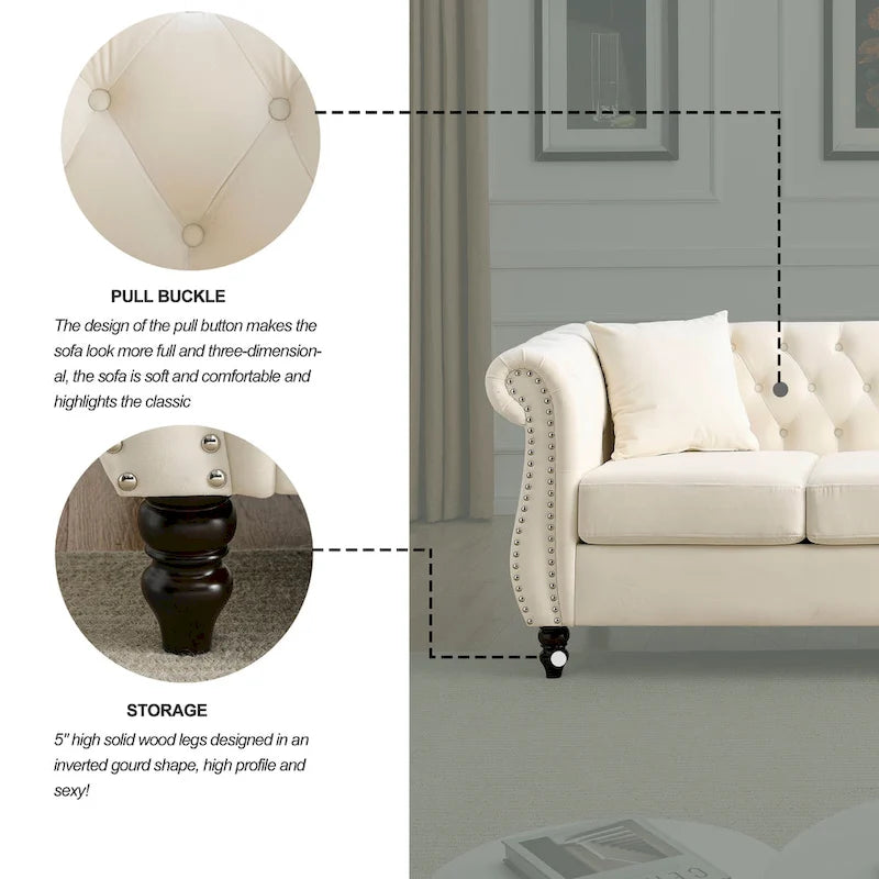 Beżowa aksamitna sofa Chesterfield 3-osobowa z ćwiekami i 2 poduszkami