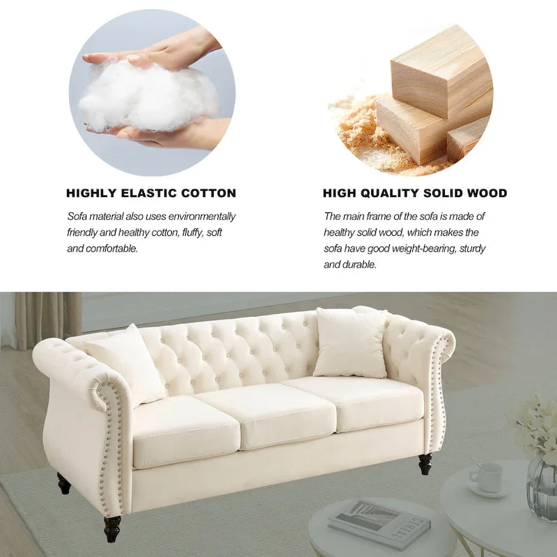 Beżowa aksamitna sofa Chesterfield 3-osobowa z ćwiekami i 2 poduszkami