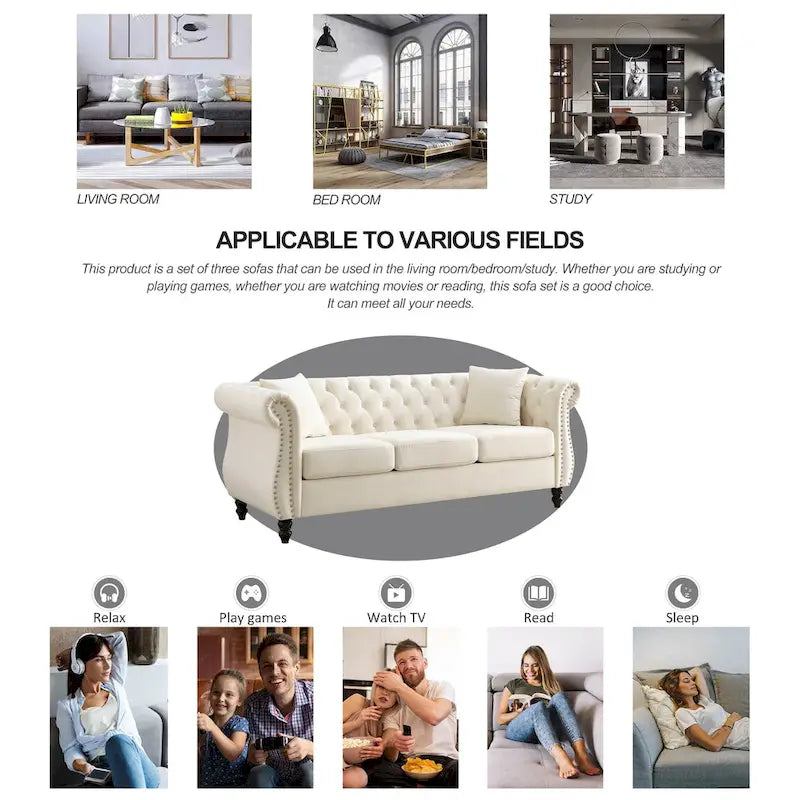 Beżowa aksamitna sofa Chesterfield 3-osobowa z ćwiekami i 2 poduszkami