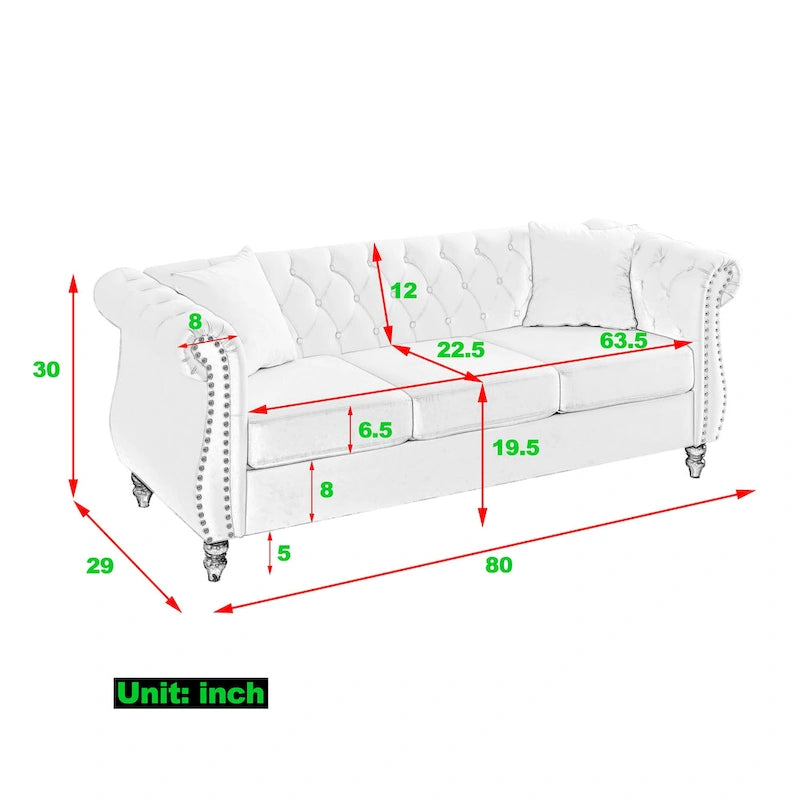 Beżowa aksamitna sofa Chesterfield 3-osobowa z ćwiekami i 2 poduszkami