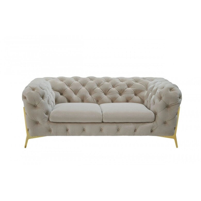 74-calowa beżowa aksamitna sofa dwuosobowa Chesterfield na złotych stalowych nóżkach