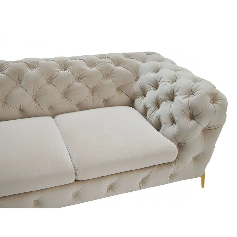 74-calowa beżowa aksamitna sofa dwuosobowa Chesterfield na złotych stalowych nóżkach