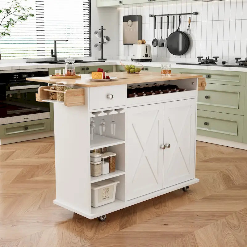 Wózek-wyspa kuchenna na kółkach z uchwytem na wino i kieliszki, 112 cm