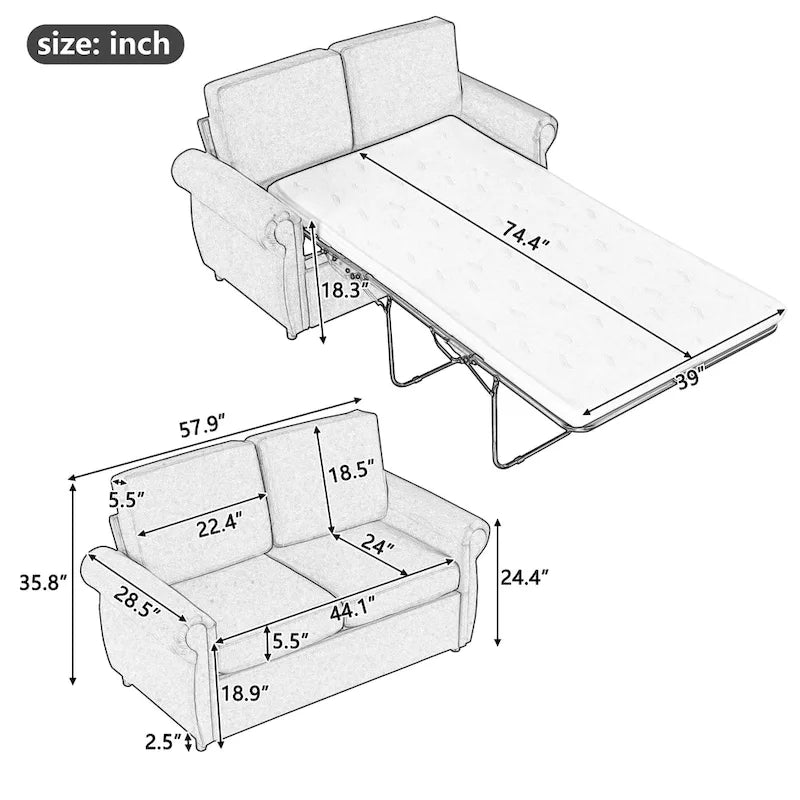 57,9-calowa rozkładana sofa z funkcją spania Twin z pianką z pamięcią kształtu i 2 portami USB