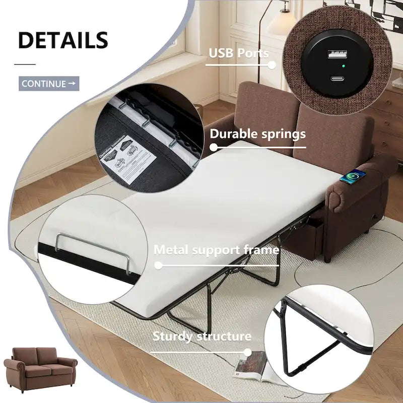 57,9-calowa rozkładana sofa z funkcją spania Twin z pianką z pamięcią kształtu i 2 portami USB