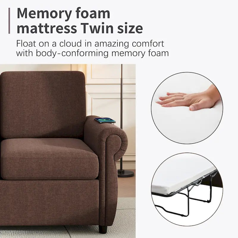 57,9-calowa rozkładana sofa z funkcją spania Twin z pianką z pamięcią kształtu i 2 portami USB