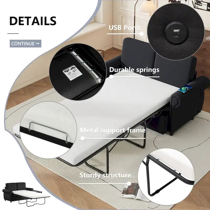 57,9-calowa rozkładana sofa z funkcją spania Twin z pianką z pamięcią kształtu i 2 portami USB