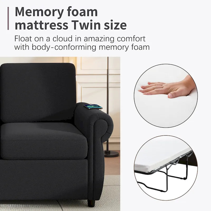 57,9-calowa rozkładana sofa z funkcją spania Twin z pianką z pamięcią kształtu i 2 portami USB