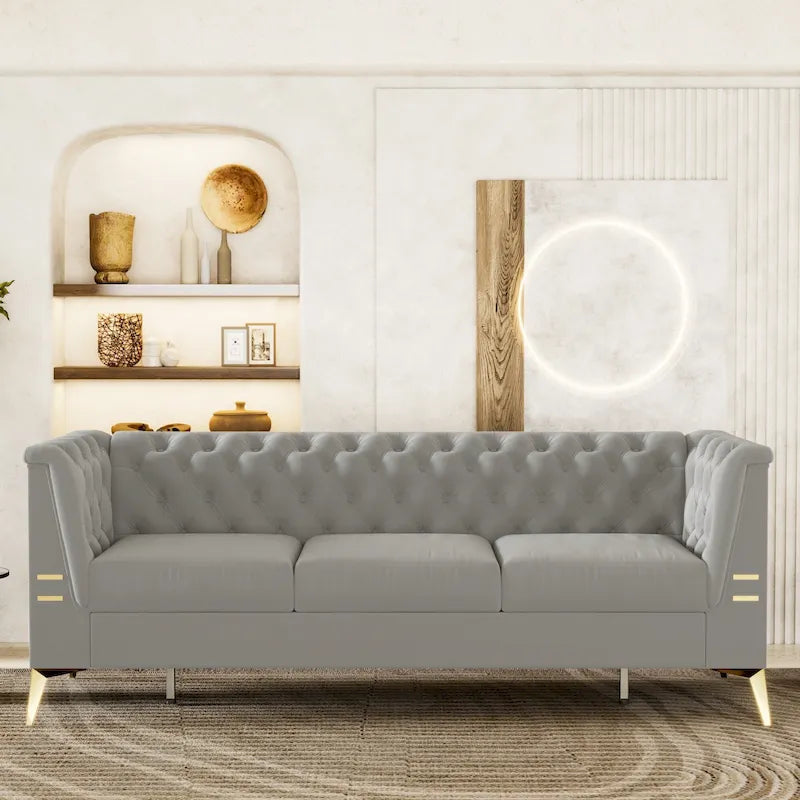 Aksamitna sofa Chesterfield 208 cm, złote nóżki, zdejmowane poduszki