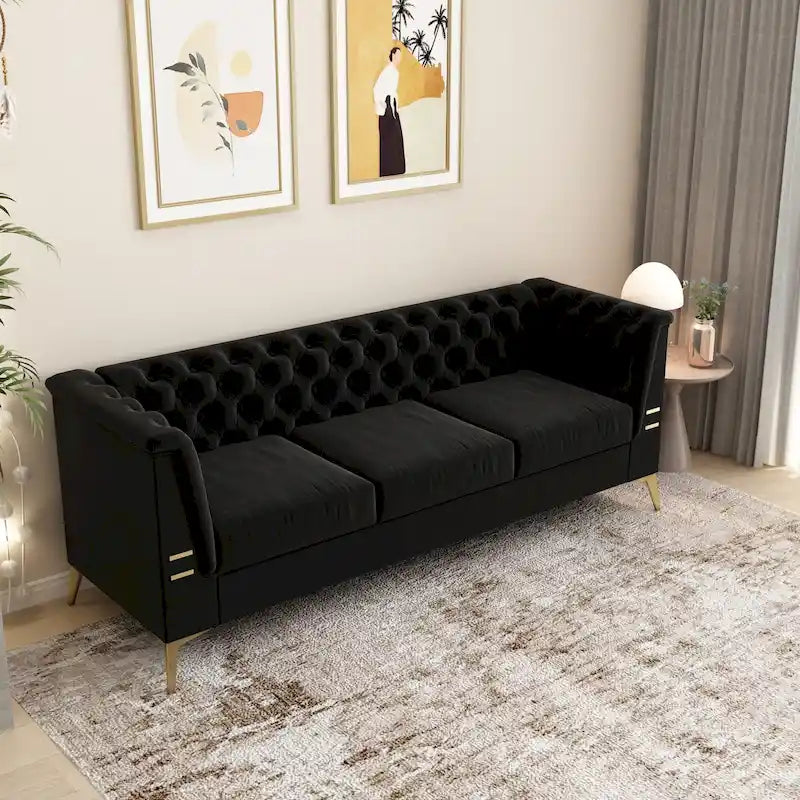Aksamitna sofa Chesterfield 208 cm, złote nóżki, zdejmowane poduszki