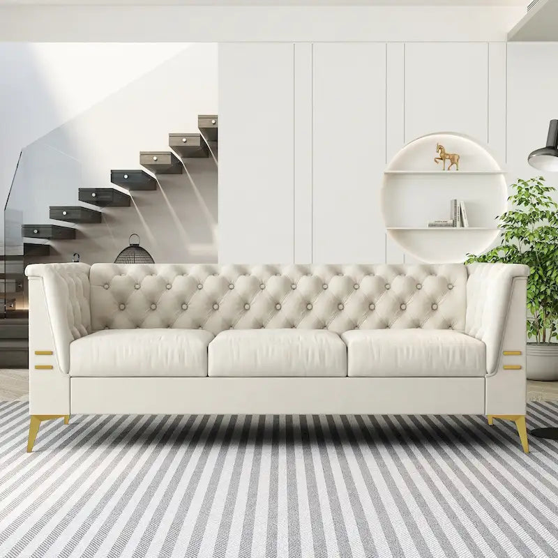 Aksamitna sofa Chesterfield 208 cm, złote nóżki, zdejmowane poduszki