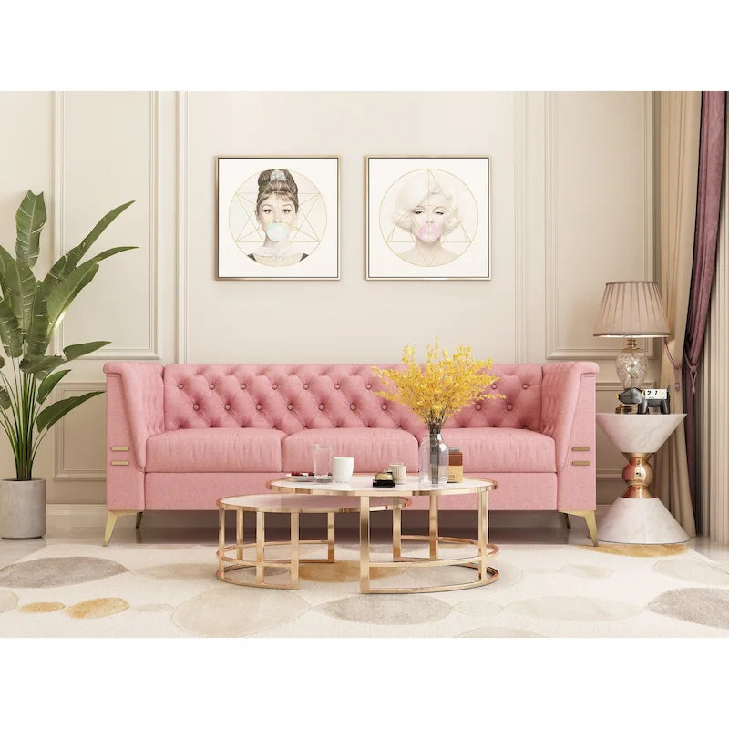 Aksamitna sofa Chesterfield 208 cm, złote nóżki, zdejmowane poduszki