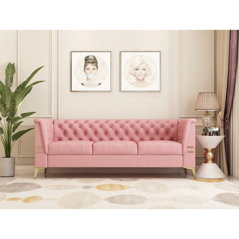 Aksamitna sofa Chesterfield 208 cm, złote nóżki, zdejmowane poduszki