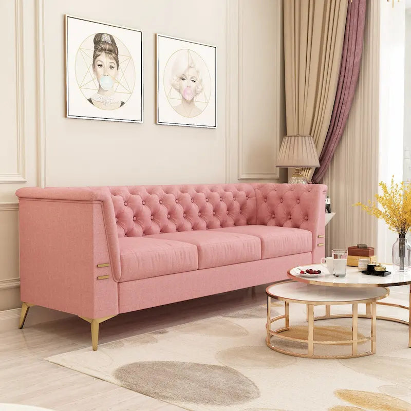 Aksamitna sofa Chesterfield 208 cm, złote nóżki, zdejmowane poduszki