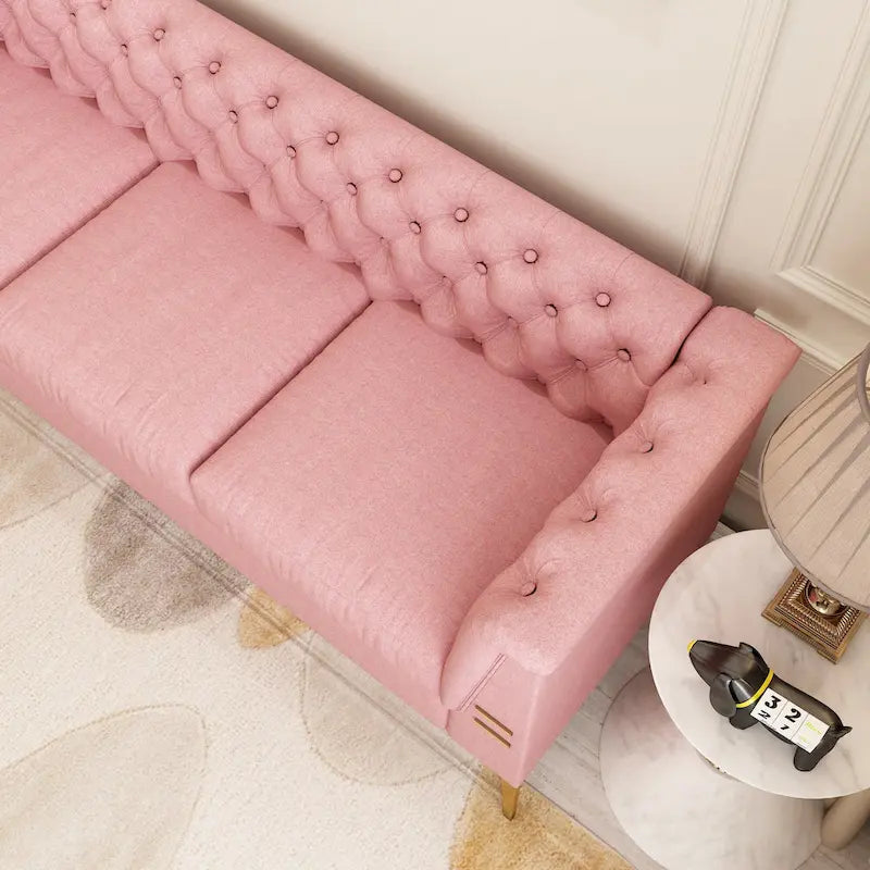 Aksamitna sofa Chesterfield 208 cm, złote nóżki, zdejmowane poduszki