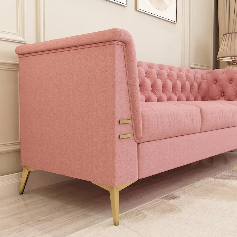 Aksamitna sofa Chesterfield 208 cm, złote nóżki, zdejmowane poduszki