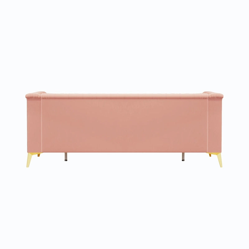 Aksamitna sofa Chesterfield 208 cm, złote nóżki, zdejmowane poduszki