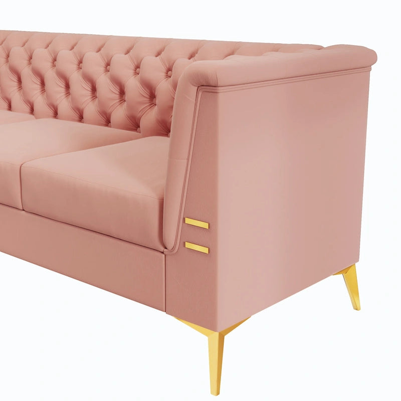 Aksamitna sofa Chesterfield 208 cm, złote nóżki, zdejmowane poduszki