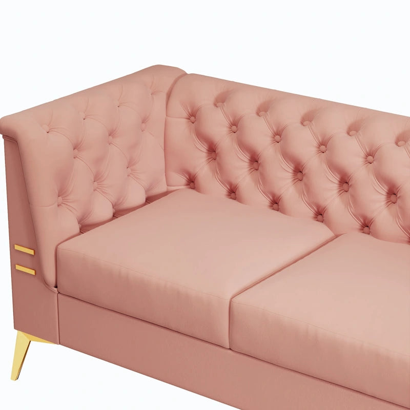Aksamitna sofa Chesterfield 208 cm, złote nóżki, zdejmowane poduszki