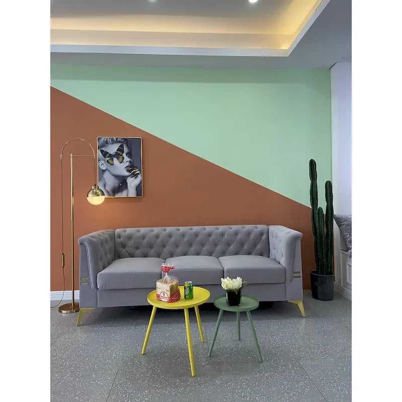 Aksamitna sofa Chesterfield 208 cm, złote nóżki, zdejmowane poduszki