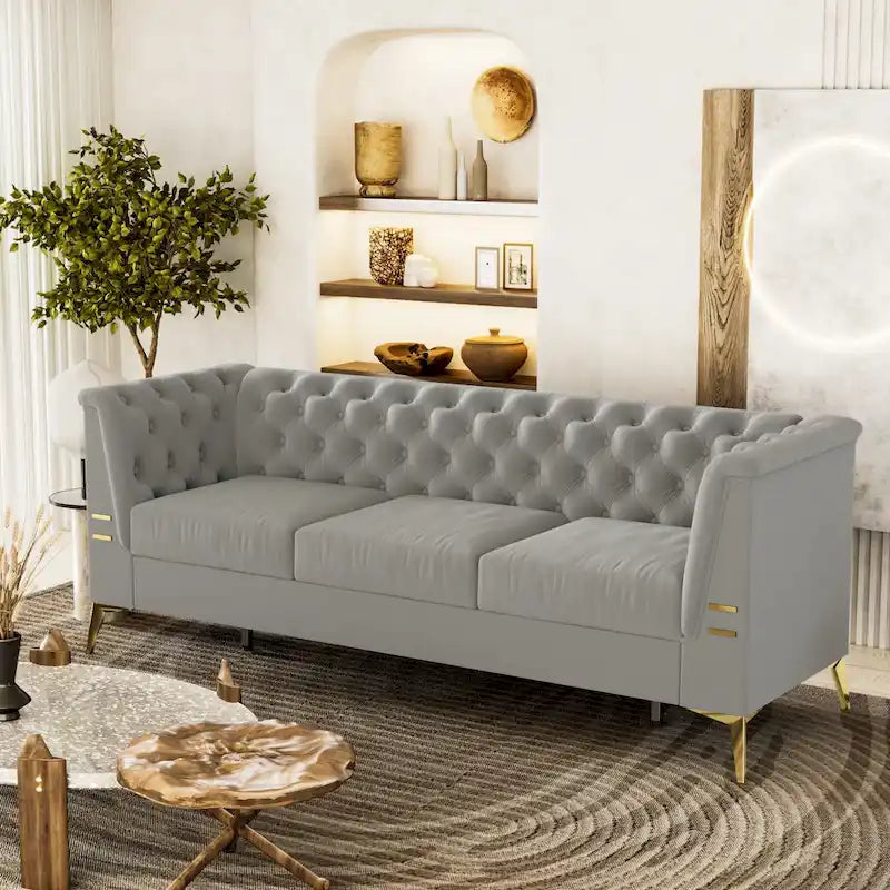 Aksamitna sofa Chesterfield 208 cm, złote nóżki, zdejmowane poduszki