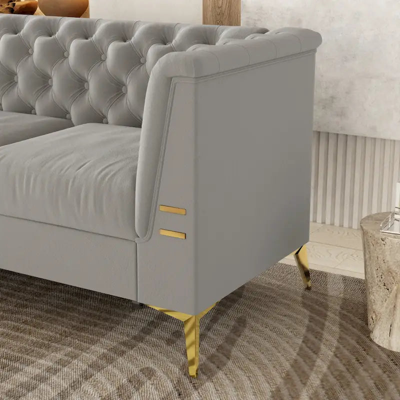 Aksamitna sofa Chesterfield 208 cm, złote nóżki, zdejmowane poduszki