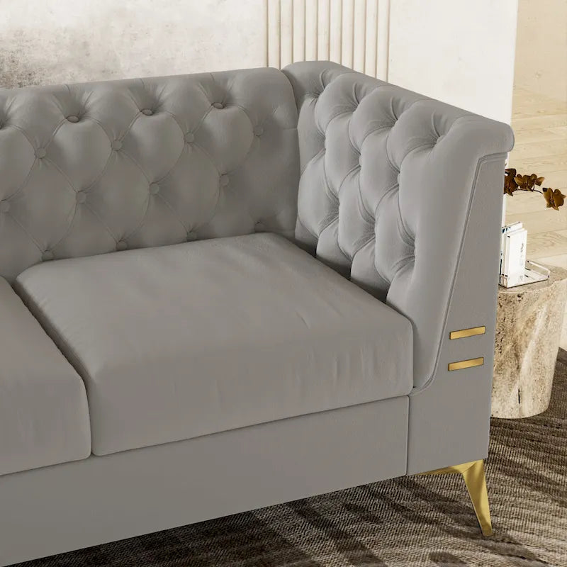 Aksamitna sofa Chesterfield 208 cm, złote nóżki, zdejmowane poduszki