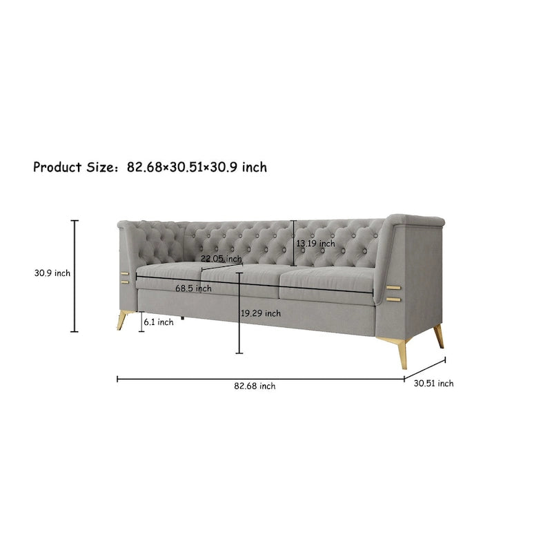 Aksamitna sofa Chesterfield 208 cm, złote nóżki, zdejmowane poduszki