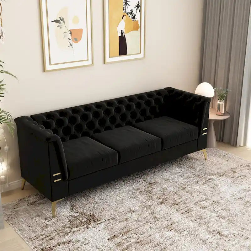 Aksamitna sofa Chesterfield 208 cm, złote nóżki, zdejmowane poduszki
