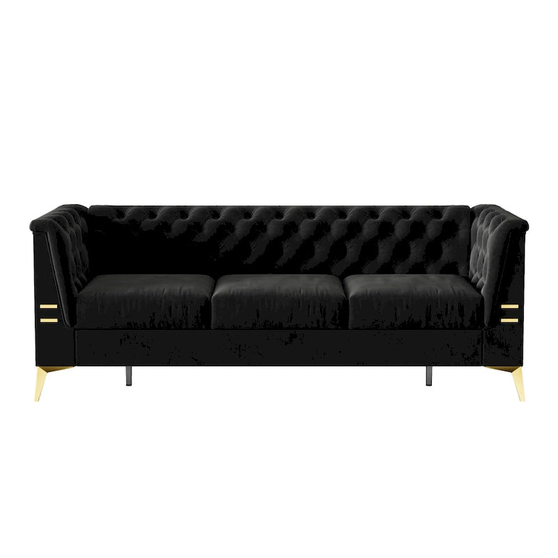 Aksamitna sofa Chesterfield 208 cm, złote nóżki, zdejmowane poduszki