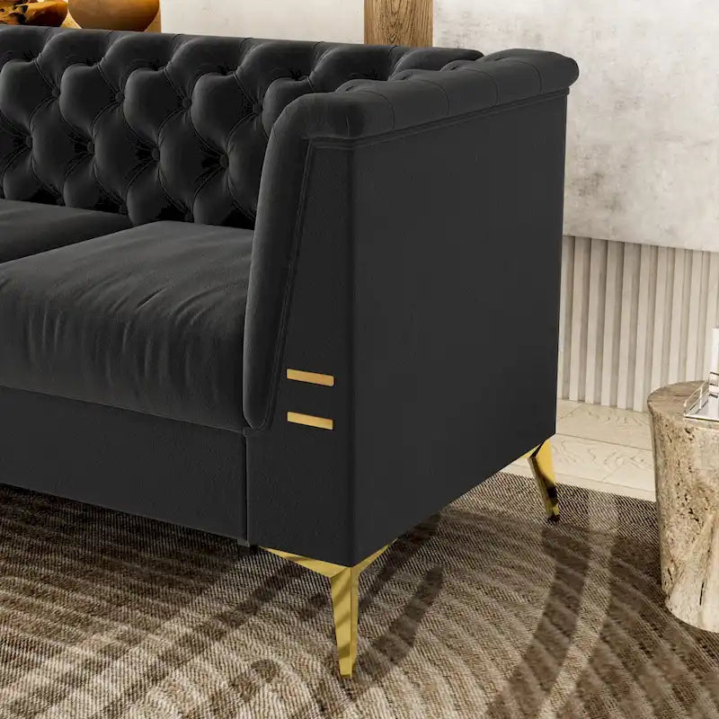 Aksamitna sofa Chesterfield 208 cm, złote nóżki, zdejmowane poduszki