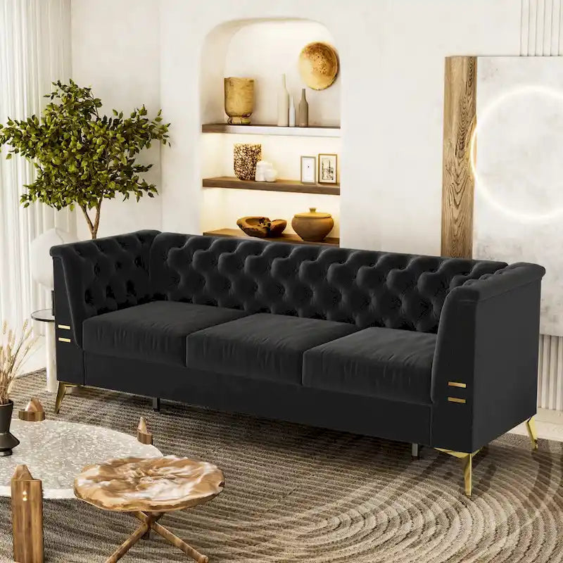 Aksamitna sofa Chesterfield 208 cm, złote nóżki, zdejmowane poduszki