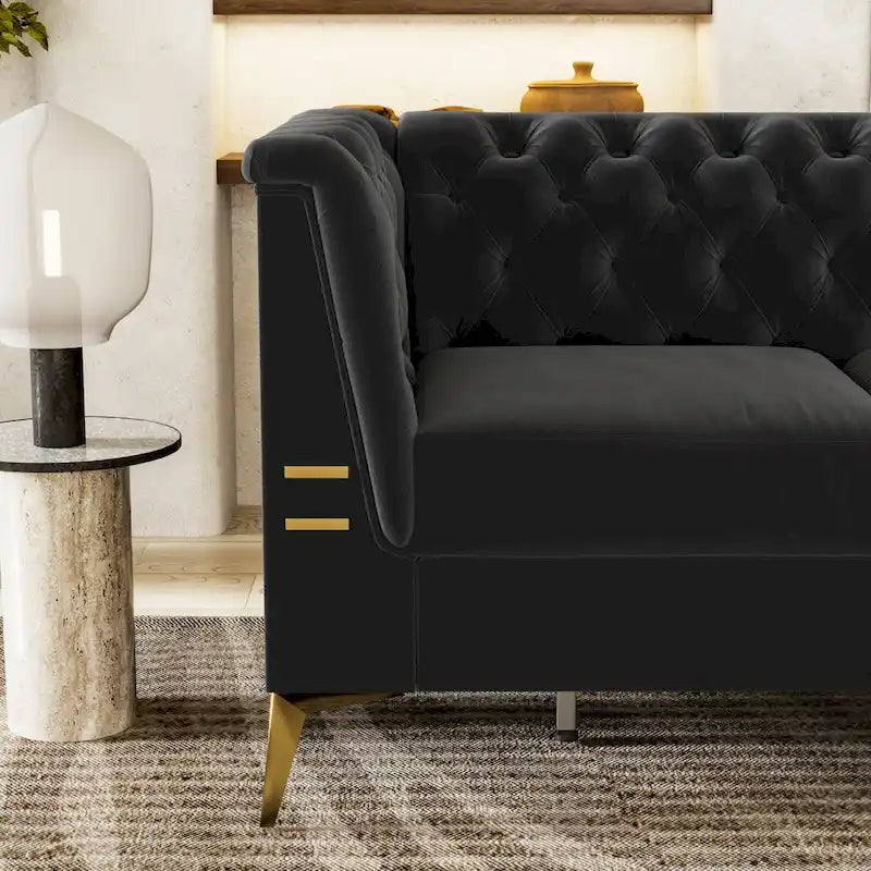 Aksamitna sofa Chesterfield 208 cm, złote nóżki, zdejmowane poduszki
