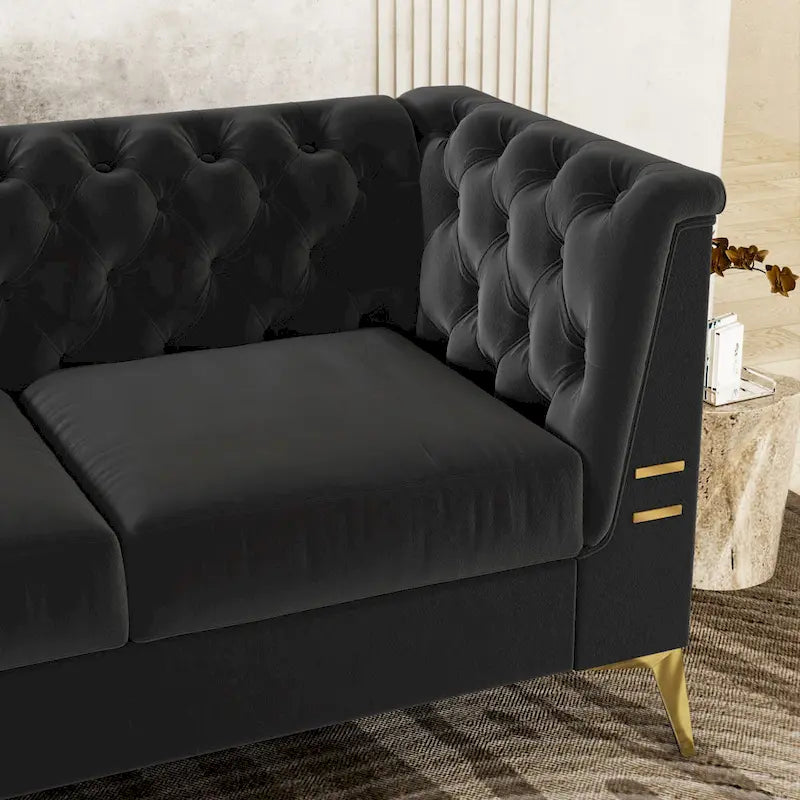 Aksamitna sofa Chesterfield 208 cm, złote nóżki, zdejmowane poduszki