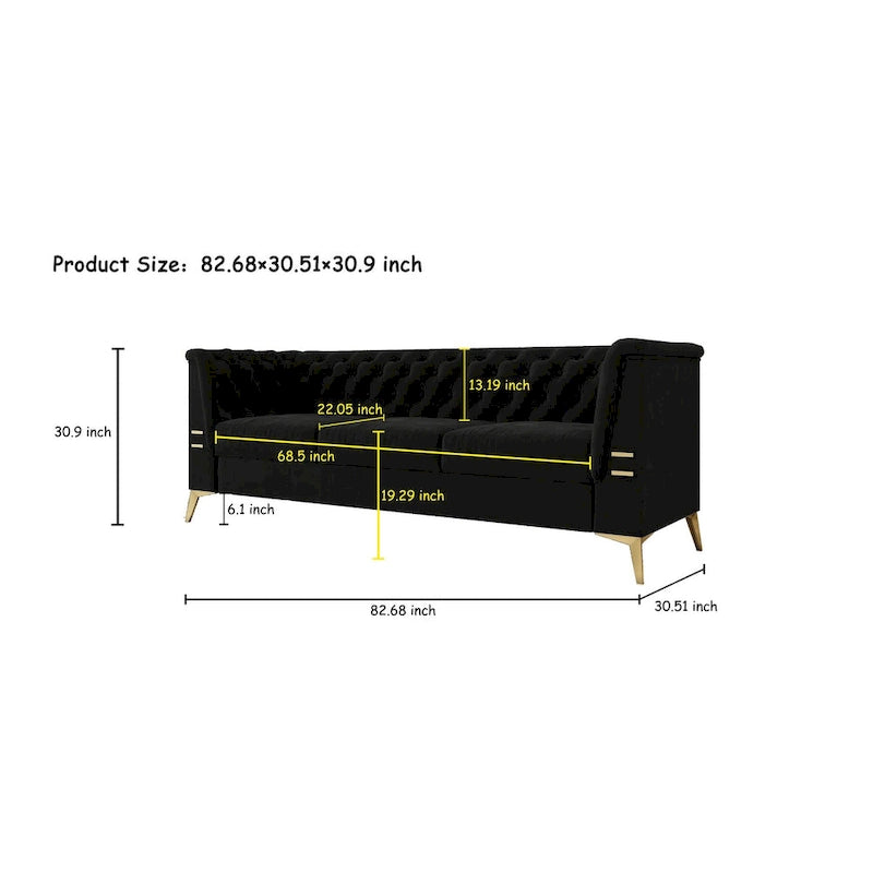 Aksamitna sofa Chesterfield 208 cm, złote nóżki, zdejmowane poduszki