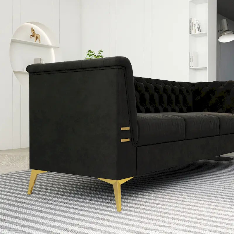 Aksamitna sofa Chesterfield 208 cm, złote nóżki, zdejmowane poduszki