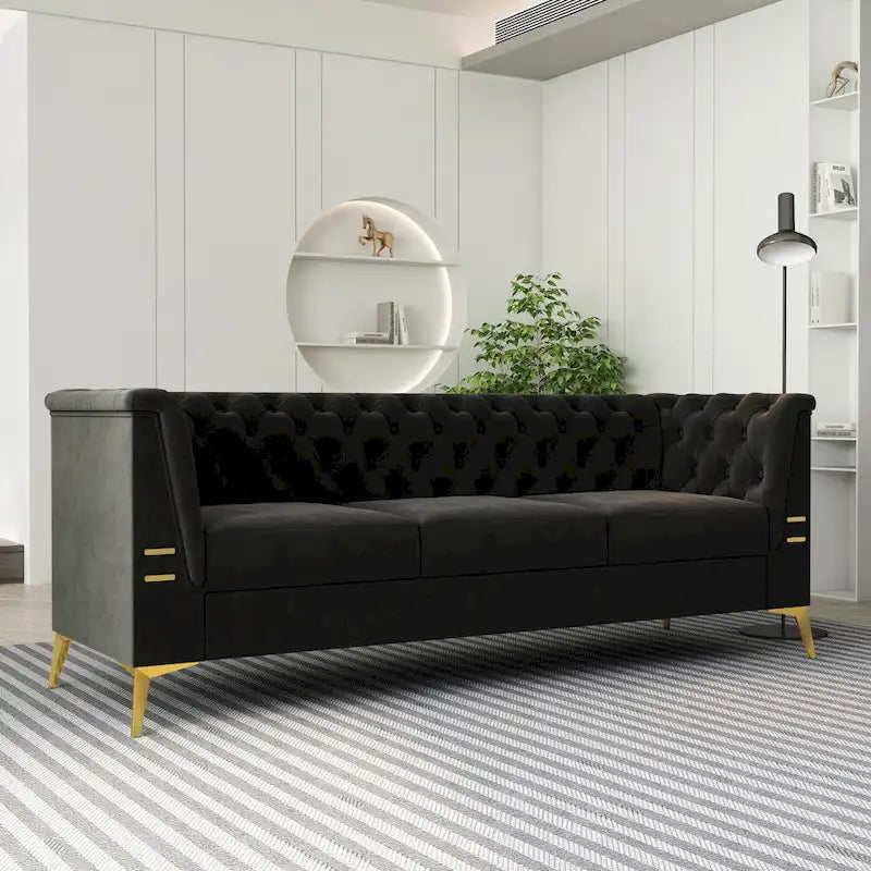 Aksamitna sofa Chesterfield 208 cm, złote nóżki, zdejmowane poduszki