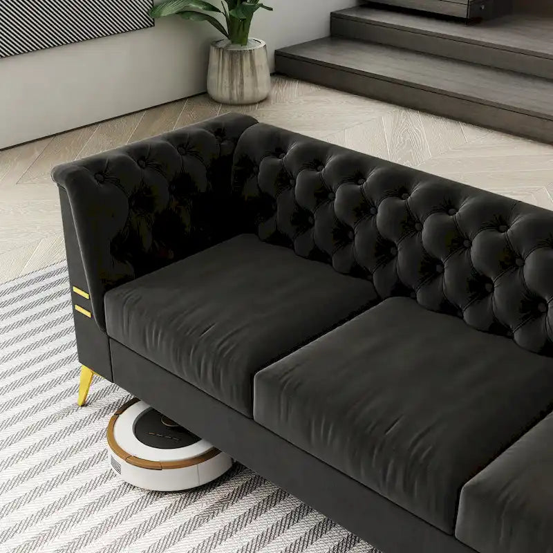 Aksamitna sofa Chesterfield 208 cm, złote nóżki, zdejmowane poduszki