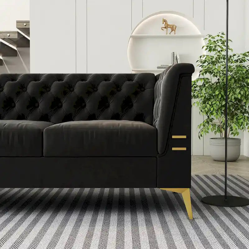 Aksamitna sofa Chesterfield 208 cm, złote nóżki, zdejmowane poduszki