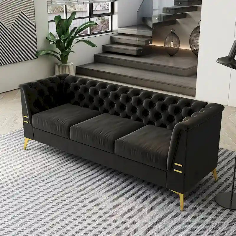 Aksamitna sofa Chesterfield 208 cm, złote nóżki, zdejmowane poduszki