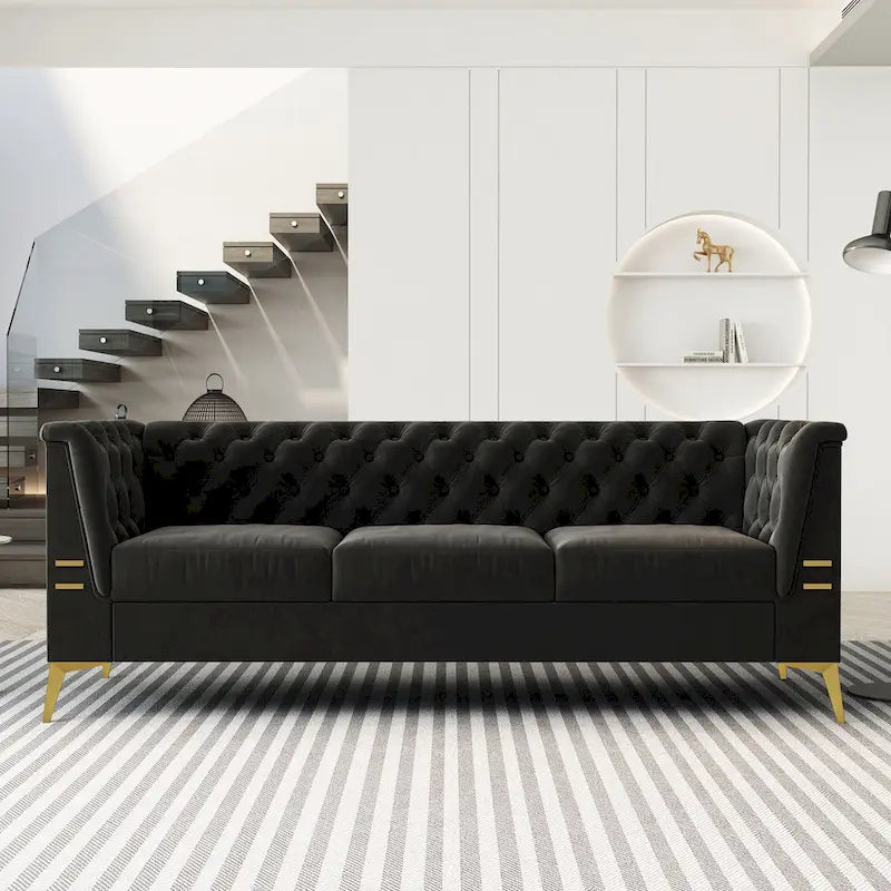 Aksamitna sofa Chesterfield 208 cm, złote nóżki, zdejmowane poduszki