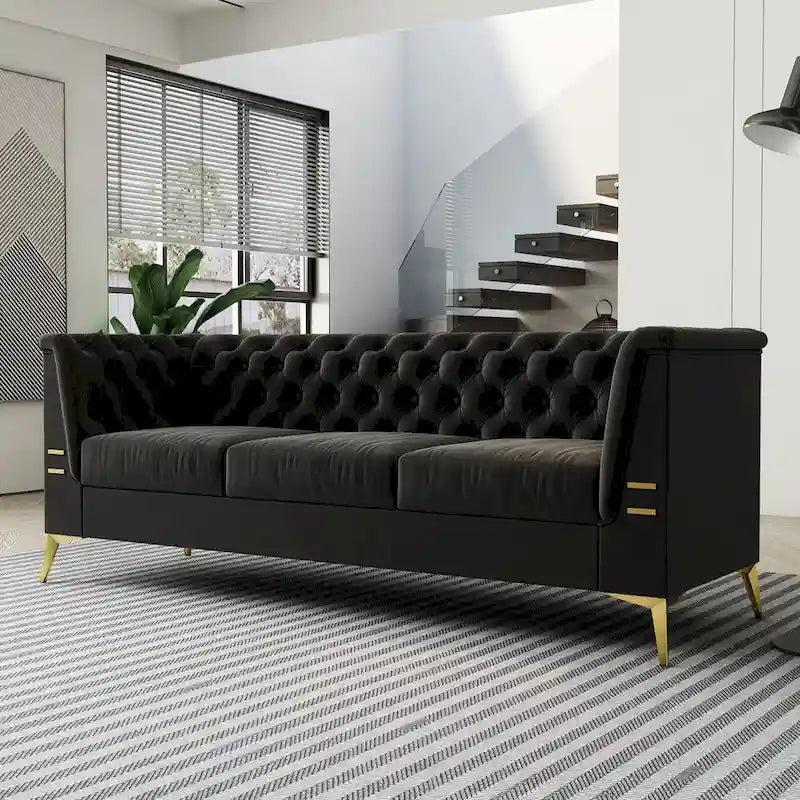 Aksamitna sofa Chesterfield 208 cm, złote nóżki, zdejmowane poduszki