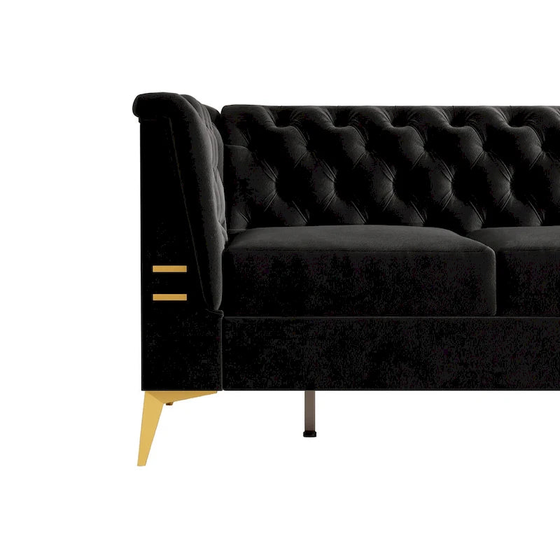 Aksamitna sofa Chesterfield 208 cm, złote nóżki, zdejmowane poduszki