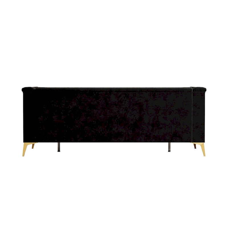 Aksamitna sofa Chesterfield 208 cm, złote nóżki, zdejmowane poduszki