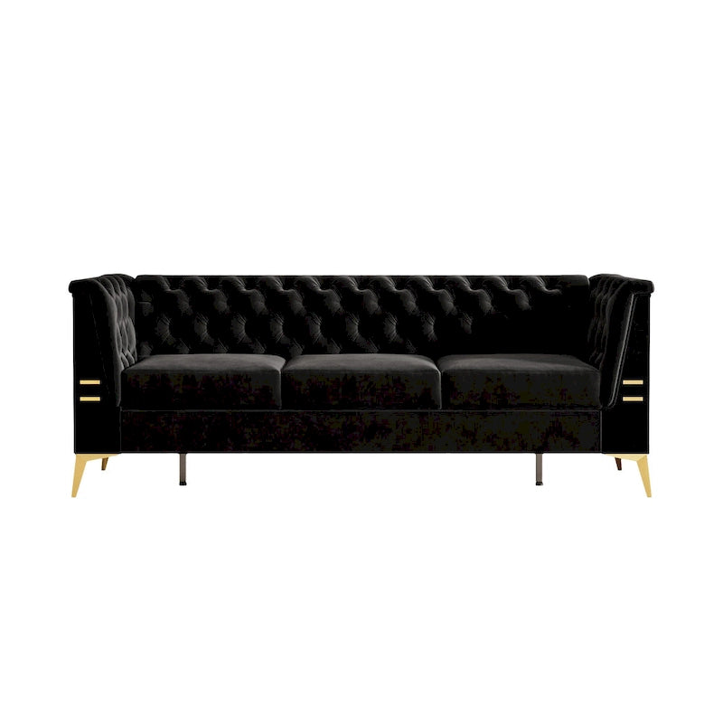 Aksamitna sofa Chesterfield 208 cm, złote nóżki, zdejmowane poduszki