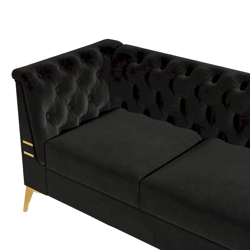 Aksamitna sofa Chesterfield 208 cm, złote nóżki, zdejmowane poduszki