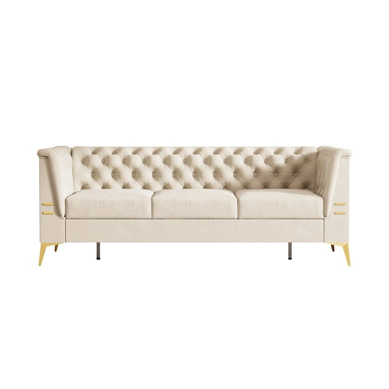 Aksamitna sofa Chesterfield 208 cm, złote nóżki, zdejmowane poduszki