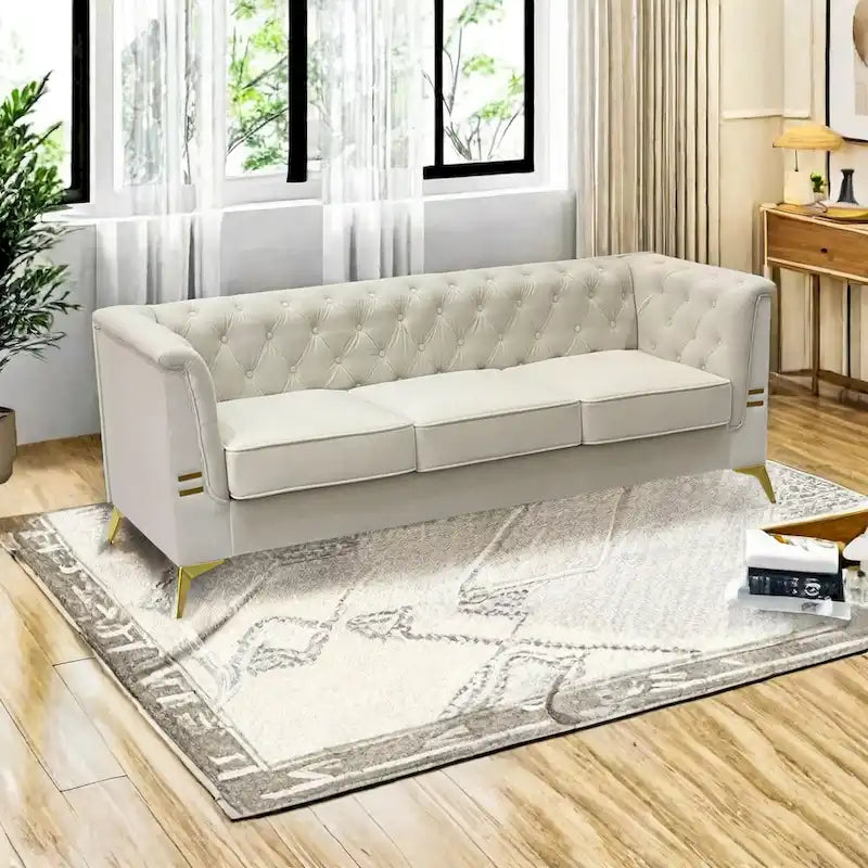 Aksamitna sofa Chesterfield 208 cm, złote nóżki, zdejmowane poduszki