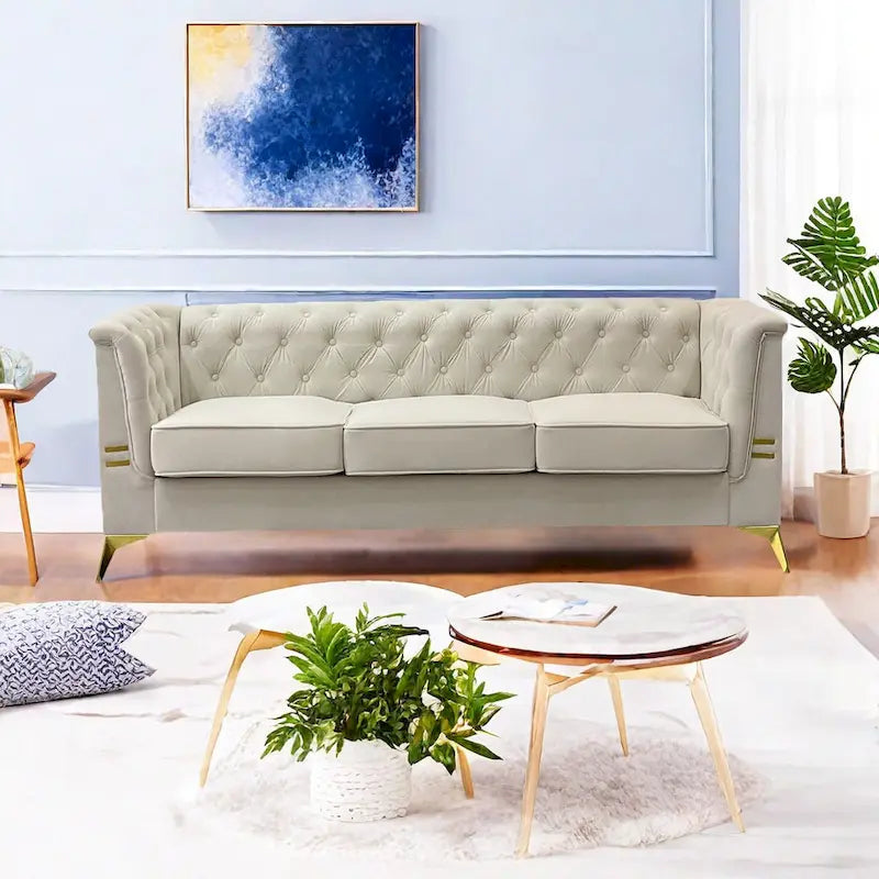 Aksamitna sofa Chesterfield 208 cm, złote nóżki, zdejmowane poduszki